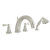 4-Hole Deck Mount C-Spout Tub Filler with Solid Metal Lever Handshower in Polished Nickel