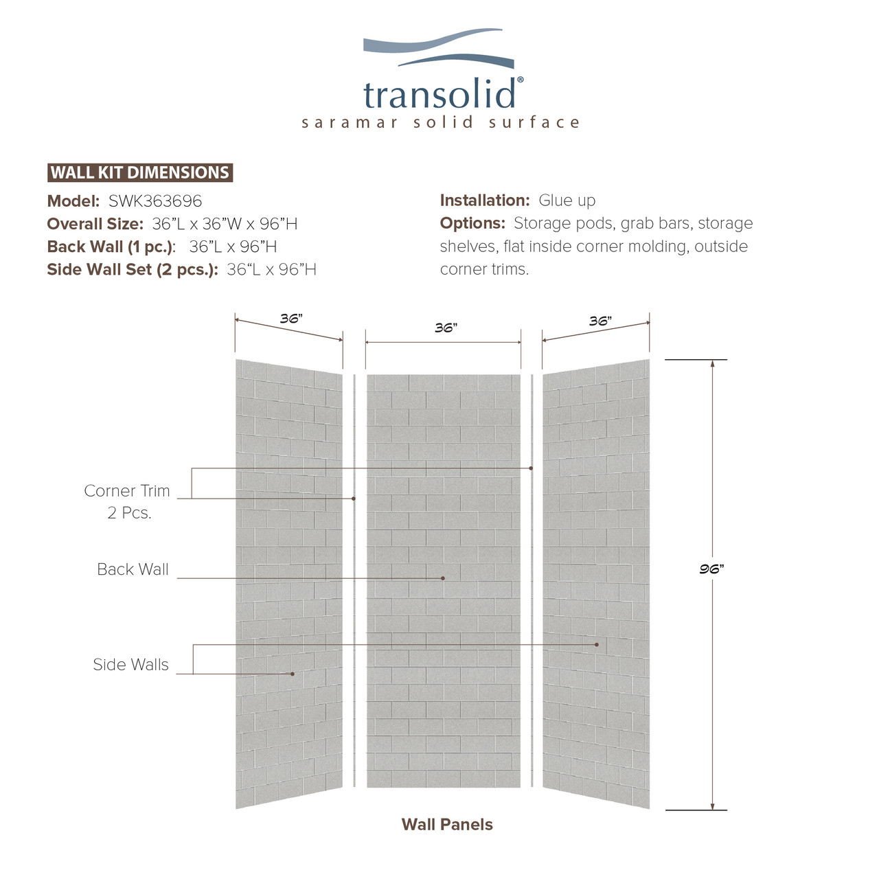 Transolid SaraMar 36-In X 36-In X 96-In Glue to Wall 3-Piece Shower ...