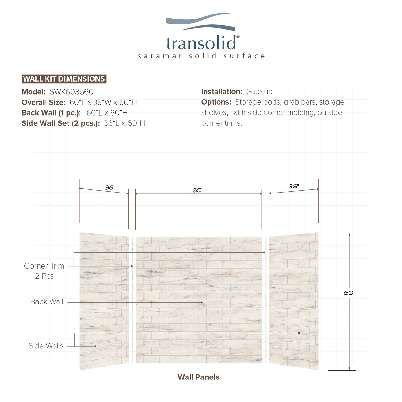 Transolid SaraMar 36-In X 60-In X 60-In Glue to Wall 3-Piece Tub Wall ...