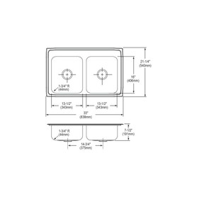 33" x 21-1/4" x 7-1/2" 20 Gauge Stainless Steel Equal Double Bowl Drop-in Kitchen Sink with 1 Faucet Hole in Brushed Satin