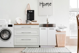 24-in White Laundry Cabinet with 9-in Handmade Stainless Steel Sink, Stainless Steel High Arc Faucet, Magnetic Sink Accessories, and Drain Installation Kit