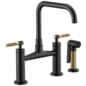 Bridge Faucet with Square Spout and Knurled Handle in Matte Black/Luxe Gold Finish