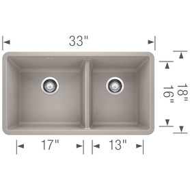 Blanco 33-in x 18-in Granite Double Undermount Kitchen Sink in Concrete Gray