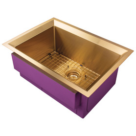 PUSB261911SB Studio 26-in x 19-in x 11-in 14 Gauge Single Bowl Undermount Stainless Steel Kitchen Sink With SinkPocket™, Bottom Sink Grid, And Flip-Top Sink Strainer, Satin Brass