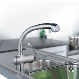 Single Lever Kitchen Faucet with Dual Spray Pull-out in Brushed Stainless Steel