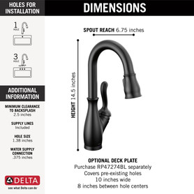 9678T-BL-DST Leland Single Handle Pull Down Bar or Prep Faucet with Touch2O Technology, Matte Black