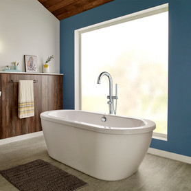 Contemporary Round Freestanding Tub Filler with Hand Shower in Polished Chrome