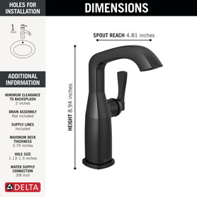 676-BL-DST Stryke 4.38-in x 6.56-in x 8.94-in Single Handle Mid-Height Bathroom Faucet, Matte Black