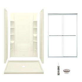 48-in x 34-in Shower Base, Walls and Door Kit, in Biscuit/Chrome with Clear Glass