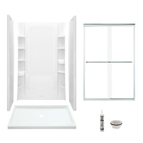 48-in x 34-in Shower Base, Walls and Door Kit, in White/Chrome with Clear Glass