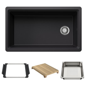 Inteos 443311-527472 33-in Undermount Single Bowl SILGRANIT Workstation Kitchen Sink and Faucet Included in Coal Black