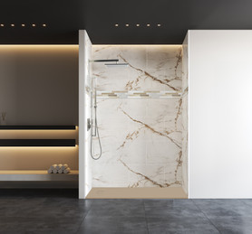 Expressions 60-in x 48-in x 96-in Shower Wall Kit With Beach Linear Stacked Mosaic Deco Strip, Lustrous Gold (16-in x 24-in Horizontal Tile Pattern)