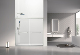 Stratford 60-in x 60-in Bypass Shower Door With 5/16-in Clear Glass And Round Tube Handles, Brushed Stainless