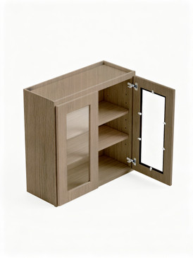 30 in. x 30 in. Ready to Assemble Wall Cabinet with Double Remington Frame Clear Glass Doors, Tan Wood