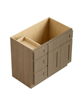 36-in x 21-in x 35-in Ready To Assemble Shaker Vanity Combo Base Cabinet With Three Drawers on Left, Tan Wood, V3621DL-RTA-FR01-TW