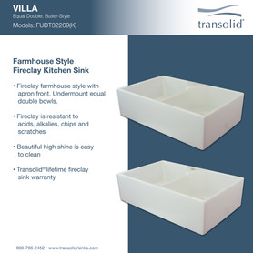 31.5-in x 20-in x 8.7-in Double Equal Bowls, Farmhouse Fireclay Kitchen Sink, Undermount Installation, 1 hole, in White