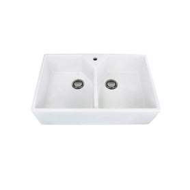 31.5-in x 20-in x 8.7-in Double Equal Bowls, Farmhouse Fireclay Kitchen Sink, Undermount Installation, 1 hole, in White