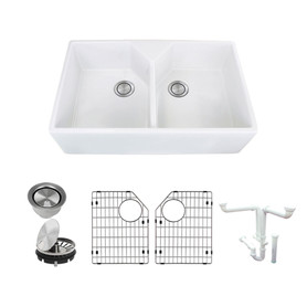 32-in x 20-in x 9-in Double Equal Bowls, Farmhouse Fireclay Kitchen Sink, Undermount Installation in White with Grids, Strainers, Installation Kit