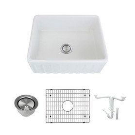 23.5-in x 19-in x 9-in Single Bowl with Reversible (Fluted/Plain) Front, Farmhouse Fireclay Kitchen Sink, Undermount Installation, in White with Grid, Strainer, Installation Kit