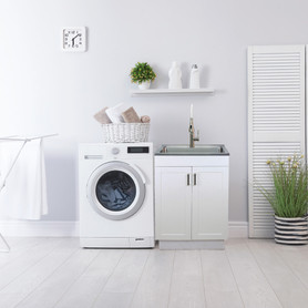 24-in White Laundry Cabinet with Stainless Steel Sink, Stainless Steel High Arc Faucet, Magnetic Sink Accessories, and Drain Installation Kit
