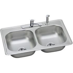 Stainless Steel Double Bowl Top Mount Sink Kit with 4 Faucet Holes in Satin
