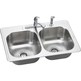 Stainless Steel Double Bowl Top Mount Sink and Faucet Kit with 4 Faucet Holes in Elite Satin
