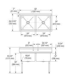 Dependabilt Stainless Steel 58-1/2" X 29-13/16" X 43-3/4" 16 Gauge Two Compartment Sink W/18" Right Drainboard +Ss Legs