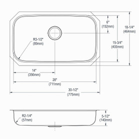 Stainless Steel Sink 30-1/2" X 18-1/4" X 5-1/2" Undermount Single Bowl 20 Gauge Pack Of 50