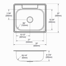 Stainless Steel Sink 25" X 22" X 8-1/16" Drop-In Single Bowl 20 Gauge 3-Hole 10 Pk in Satin