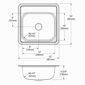 Stainless Steel Sink 15" X 15" X 5-3/16" Drop-In Single Bowl 23 Gauge 2-Hole in Satin