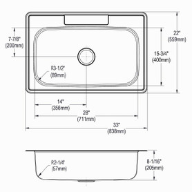 Stainless Steel Sink 33" X 22" X 8-1/16" Drop-In Single Bowl 20 Gauge 1-Hole 50 Pk in Satin