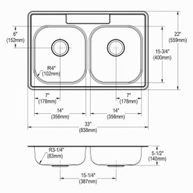 Stainless Steel Sink 33" X 22" X 5-3/8" Drop-In Double Bowl 22 Gauge 2-Hole 50 Pk in Satin