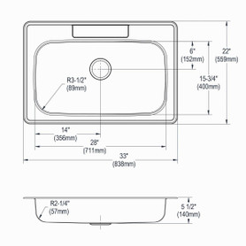 Stainless Steel Sink 33" X 22" X 5-1/2" Drop-In Single Bowl 20 Gauge 2 Faucet Holes in Satin