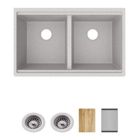 Quartz Classic 33" X 22" X 9-1/2" Equal Double Bowl Undermount Workstation Sink 4Pc Kit Greystone