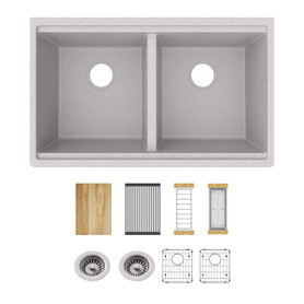 Quartz Classic 33" X 22" X 9-1/2" Equal Double Bowl Undermount Workstation Sink Kit Greystone in Greystone