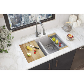 Quartz Classic 33" X 22" X 9-1/2" Equal Double Bowl Undermount Workstation Sink Kit Greystone in Greystone
