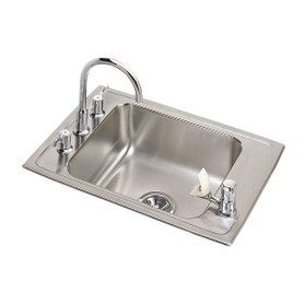 Lustertone Classic Stainless Steel 25" X 17" X 7-5/8" 4-Hole Single Bowl Drop-In Classroom Sink + Faucet/Bubbler Kit And Vandal-Resistant Filtration Kit With Filter Status Monitor