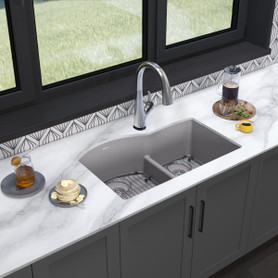 Quartz Classic 33" X 22" X 10" Offset 60/40 Double Bowl Undermount Sink Kit With Filtered Faucet With Aqua Divide Greystone in Greystone