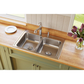 Lustertone Classic Stainless Steel 33" X 21-1/4" X 7-7/8", 0-Hole Equal Double Bowl Drop-In Sink in Lustrous Satin