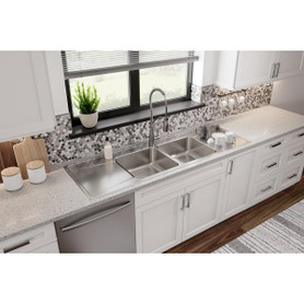 Lustertone Classic Stainless Steel 66" X 22" X 7-5/8", Equal Double Bowl Drop-In Sink With Drainboard in Lustrous Satin