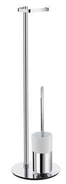 Toilet Roll Holder (Freestanding)/Toilet Brush with Porcelain Glass Container in Polished Chrome/White Porcelain