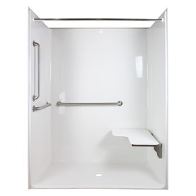 60in I.D. x 31-1/4in I.D. ADA Reinforced Center Drain Roll-In Shower Kit, Right-Hand Fold-Up Seat, 3 Grab Bars, and Curtain Rod