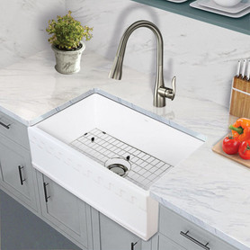 30-in x 20-in x 10-in Single Basin Reversible (French/Plain) Farmhouse Fireclay Kitchen Sink in White with Faucet, Grid, Strainer, Installation Kit