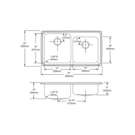 37" x 22" x 10" 18 Gauge Stainless Steel Offset Double Bowl Drop-in Kitchen Sink with 3 Faucet Holes in Lustrous Satin