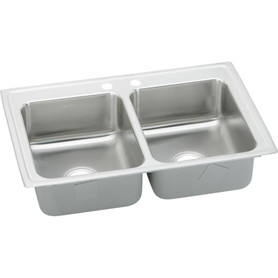33" x 19-1/2" x 7-5/8" 18 Gauge Stainless Steel Equal Double Bowl Drop-in Kitchen Sink with 2 Faucet Holes in Lustrous Satin
