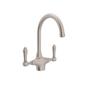 Single Hole C-Spout Kitchen Faucet With Metal Lever Handle In Satin Nickel