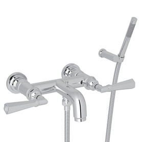 Wall Mount Exposed Tub Set with Metal Lever Handles and Handshower in Polished Chrome
