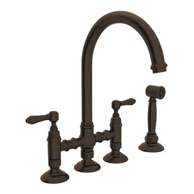 Deck Mount C-Spout 3 Leg Bridge Kitchen Faucet With Sidespray And Metal Lever In Tuscan Brass