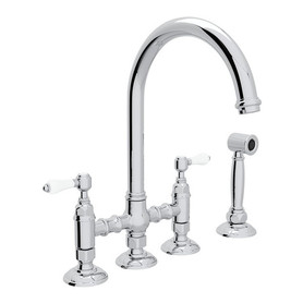 Deck Mount C-Spout 3 Leg Bridge Kitchen Faucet With Sidespray And Porcelain Lever In Polished Chrome