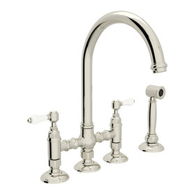 Deck Mount C-Spout 3 Leg Bridge Kitchen Faucet With Sidespray And Porcelain Lever In Polished Nickel